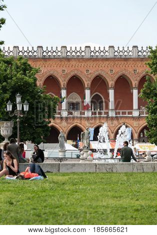 PADUA ITALY - MAY 3 2016: Lodge Amulea in the Great piazza of Prato della Valle also known as Ca' Duodo Palazzo Zacco in Padua Italy