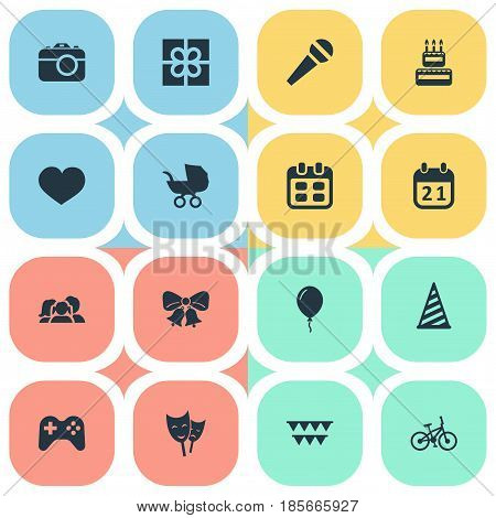 Vector Illustration Set Of Simple Birthday Icons. Elements Domestic, Cap, Mask And Other Synonyms Box, Party And Mask.