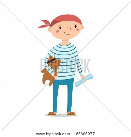 Little boy dressed as sailor holding teddy bear with pirate eye patch and treasure map, cartoon vector illustration isolated on white background. Kid boy pirate in striped sailor shirt with teddy bear