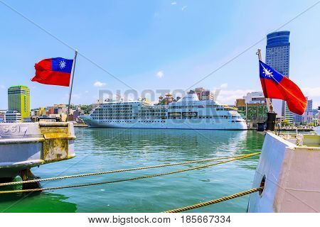 KEELUNG TAIWAN - APRIL 04: This is the a view of a large ship with Taiwanese flags in Keelung harbor which is one of the main ports on April 04 2017 in Keelung