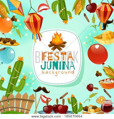 Festa junina cartoon background with decorative frame consisting of traditional celebration symbols flat vector illustration