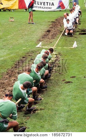 People During A Traditional Rope Pull Competition At Engelberg