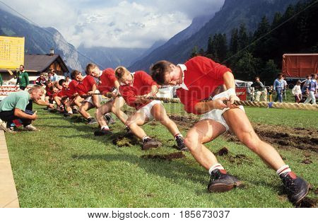 People During A Traditional Rope Pull Competition At Engelberg