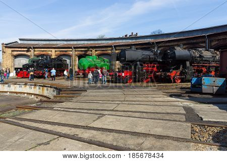 BERLIN - APRIL 21: Various steam locomotive the Spring Festival the exhibition in the Rail yard Schoeneweide April 21 2013 in Berlin Germany