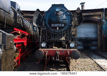 BERLIN - APRIL 21: Various steam locomotive the Spring Festival the exhibition in the Rail yard Schoeneweide April 21 2013 in Berlin Germany
