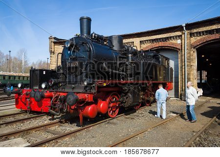 BERLIN - APRIL 21: Steam locomotive Borsig 9525 Spring Festival the exhibition in the Rail yard Schoeneweide April 21 2013 in Berlin