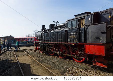 BERLIN - APRIL 21: Various steam locomotive the Spring Festival the exhibition in the Rail yard Schoeneweide April 21 2013 in Berlin Germany