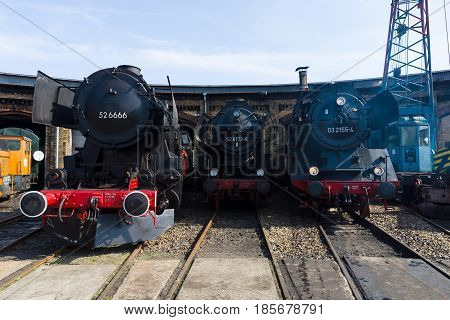 BERLIN - APRIL 21: Various steam locomotive the Spring Festival the exhibition in the Rail yard Schoeneweide April 21 2013 in Berlin Germany