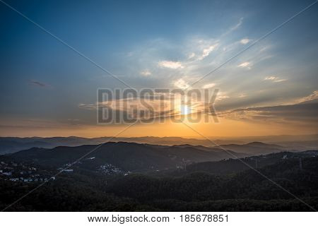 Barcelona Spain Sunset Landscape from Mountain Tibidado