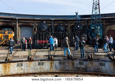 BERLIN - APRIL 21: Various steam locomotive the Spring Festival the exhibition in the Rail yard Schoeneweide April 21 2013 in Berlin Germany