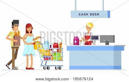 Concept illustration for shop. Vector character woman cashier in supermarket. Family shopping in supermarket. Vector cash register and buyer
