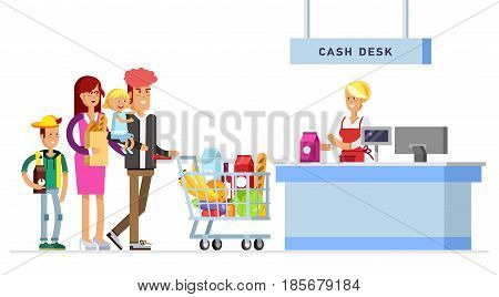 Concept illustration for shop. Vector character woman cashier in supermarket. Family shopping in supermarket. Vector cash register and buyer