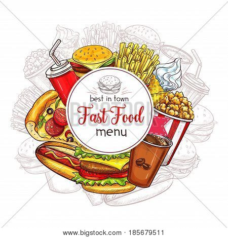 Fast food restaurant menu cover vector template. Design of fastfood meals, snacks and desserts, burger sandwiches, hamburgers and cheeseburgers with french fries and hot dog, pizza and ice cream
