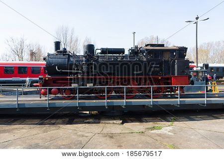BERLIN - APRIL 21: Steam locomotive Borsig 9525 Spring Festival the exhibition in the Rail yard Schoeneweide April 21 2013 in Berlin
