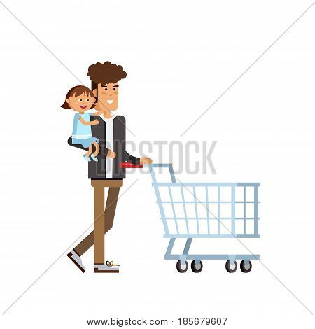Flat illustration for shop, supermarket. Happy man and with empty supermarket basket. Young father with small daughter make purchases.