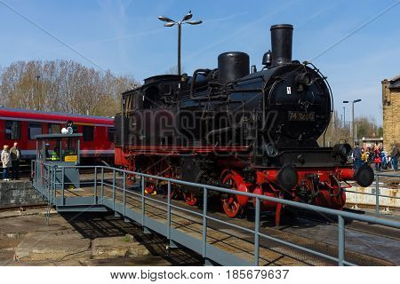 BERLIN - APRIL 21: Steam locomotive Borsig 9525 Spring Festival the exhibition in the Rail yard Schoeneweide April 21 2013 in Berlin