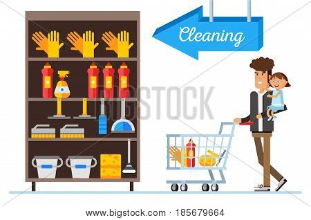 Flat illustration for shop, supermarket. Happy man and with supermarket basket full of meal. Young father with small daughter make purchases.
