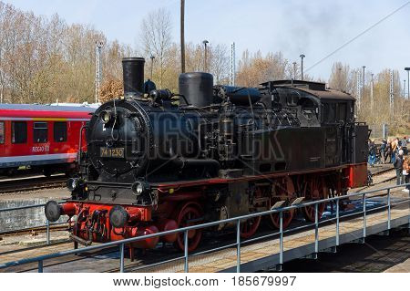 BERLIN - APRIL 21: Steam locomotive Borsig 9525 Spring Festival the exhibition in the Rail yard Schoeneweide April 21 2013 in Berlin