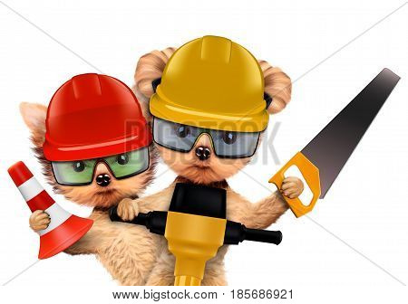 Funny couple of puppies with hard hat, protective goggles, saw and cone holding jackhammer, isolated on white. Teamwork and cooperation concept. Realistic 3D illustration