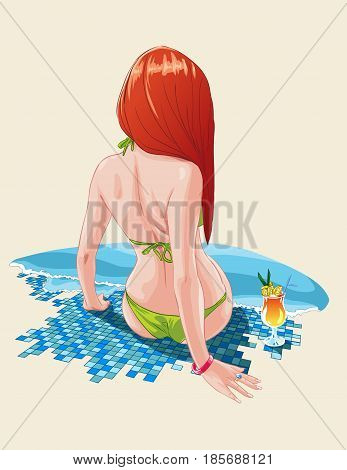 Girl By The Pool. Color Vector Illustration.