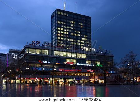 BERLIN - FEBRUARY 04: Europa-Center is a building complex on the Breitscheidplatz symbol of West Berlin during the Cold War February 04 2013 in Berlin Germany