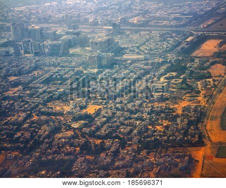 Journey By Air. A View Of City From Plane.