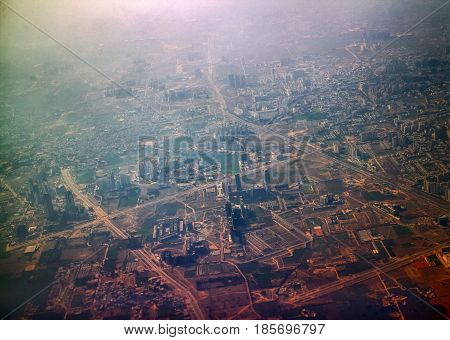 Journey By Air. A View Of City From Plane.