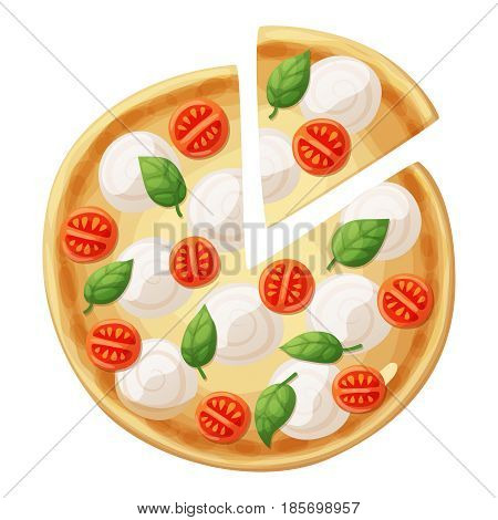 Pizza top view. Cherry tomato, sausages or salami, mozarella, olives, basil leaves. Cartoon vector food illustration isolated on white background. American and Italian fast food pizza
