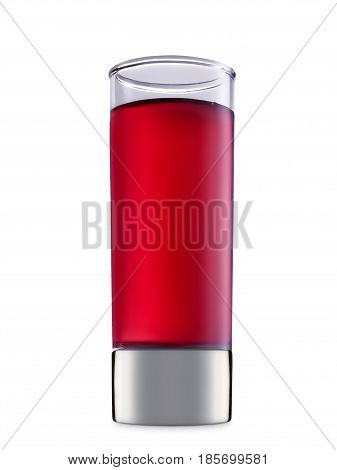 fresh fruit alcohol cocktail or mocktail in shot glass with red beverage isolated on white background