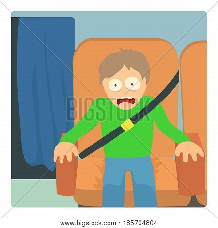 Aerophobia concept. Cartoon illustration of a man suffering from the fear flying on an airplane