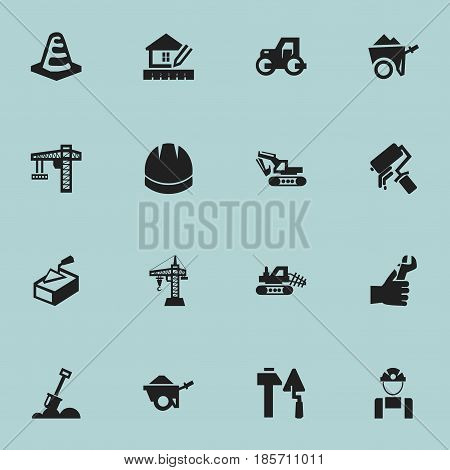 Set Of 16 Editable Structure Icons. Includes Symbols Such As Hardhat, Oar, Trolley And More. Can Be Used For Web, Mobile, UI And Infographic Design.