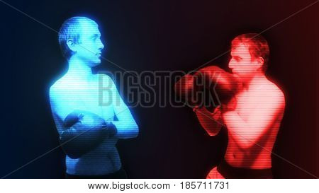 Red And Blue Holograms Of Boxers Fight Each Other