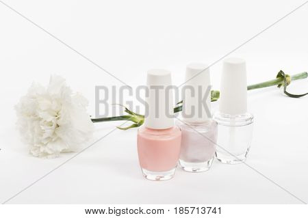 French manicure set of nail polish isolated on white.