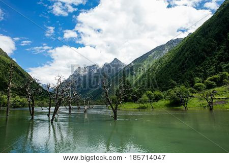 Four girl mountain build gully scenery in Sichuan, China