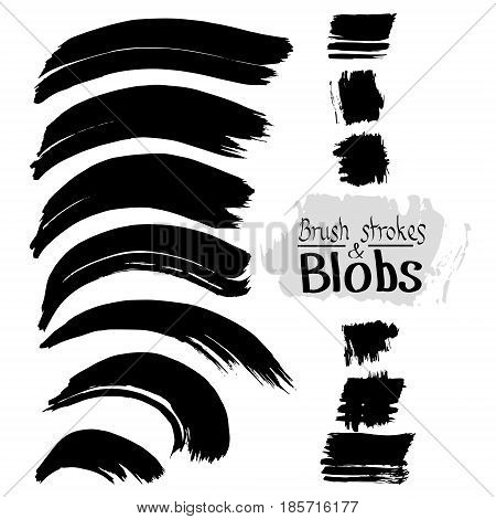 Black ink vector stains and strokes. Vector set of grunge brush strokes. Hand drawn.