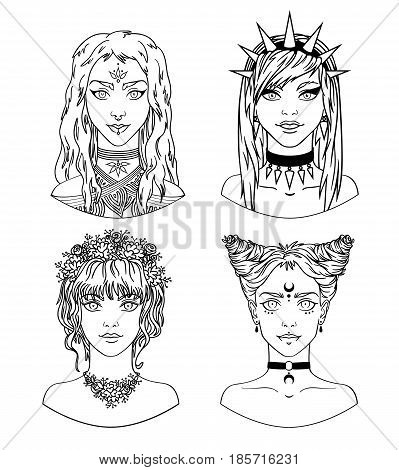 Set of portraits of girls on a white background. Variety of avatars with stylish girls in hand drawn style. Vector Illustration.