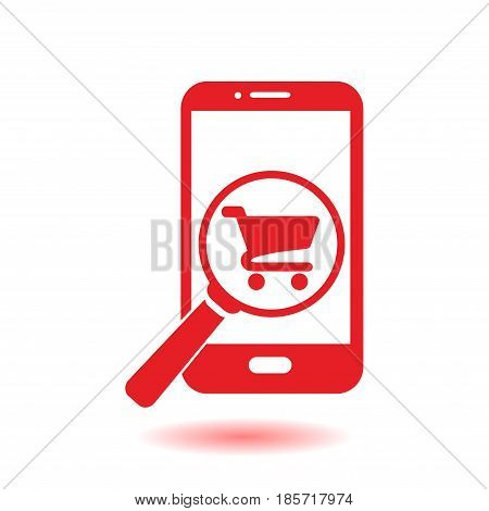 Glass searching for shoping on smart phone. Online shoping icon.