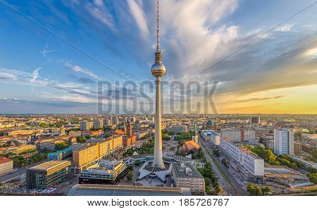 Berlin Skyline With Tv Tower At Sunset, Germany