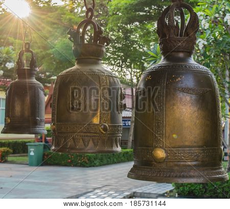 Ancient bell in Thai temple In the evening
