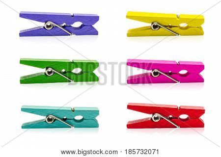 Multicolor Wooden clip set. colorful clothespin isolate on white background.