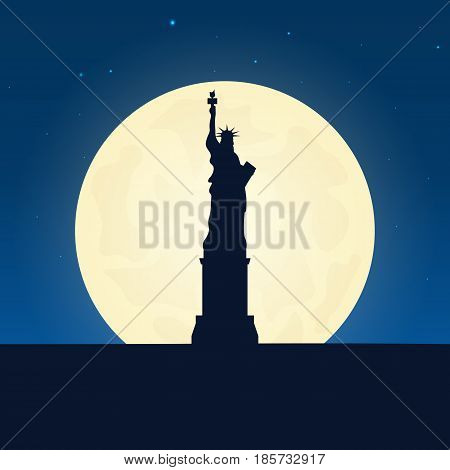 Usa Silhouette Of Attraction. Travel Banner With Moon On The Night Background. Trip To Country. Trav