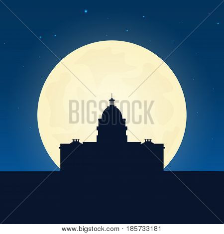 Usa Silhouette Of Attraction. Travel Banner With Moon On The Night Background. Trip To Country. Trav