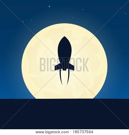 Rocket Silhouette. Banner With Moon On The Night Background. Vector Illustration.
