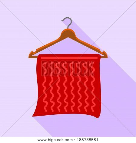 Red towel on coat hanger icon. Flat illustration of red towel on coat hanger vector icon for web