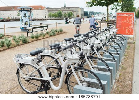 COPENHAGEN DENMARK - JULY 31 2016: Row of white rental Go-bikes which can be hired per hour