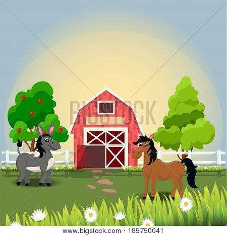 Very high quality original trendy vector illustration of happy and cheerful donkey and horse on farm with fruit trees and chamomiles, farm animal