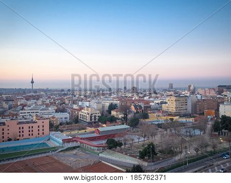 aerial view of Madrid. Sunrise over the Madrid