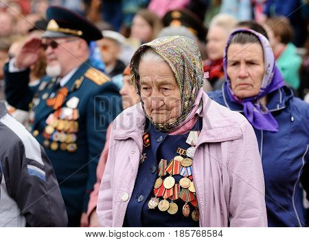 Orel Russia - May 9 2017: Celebration of 72th anniversary of the Victory Day (WWII). Senior war veterans with medals and awards on uniform closeup