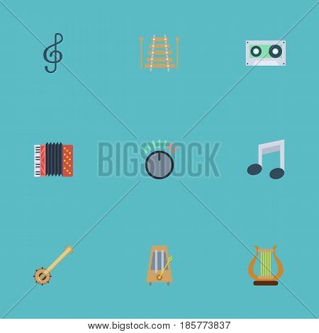 Flat Quaver, Musical Instrument, Banjo And Other Vector Elements. Set Of Melody Flat Symbols Also Includes Instrument, Knob, Quaver Objects.