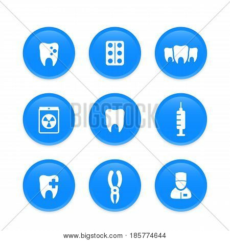 Teeth, dental care, stomatology, dentist icons on round blue shapes